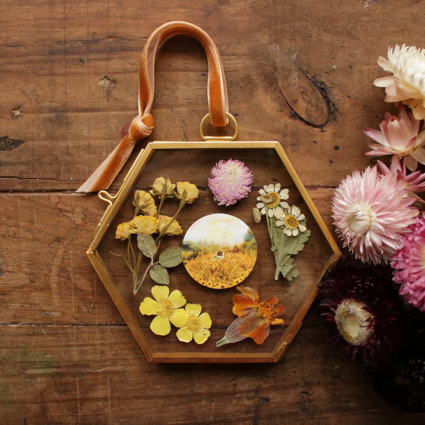 Hexagon pressed flower frame with Sunflower Field art print