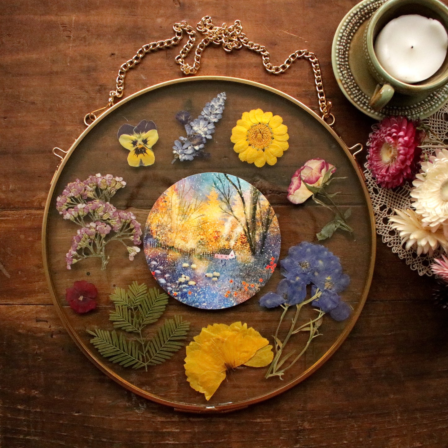 Pressed flower frame with Glowing Winter art print