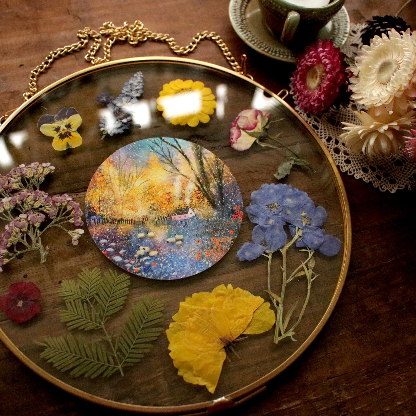 Pressed flower frame with Glowing Winter art print