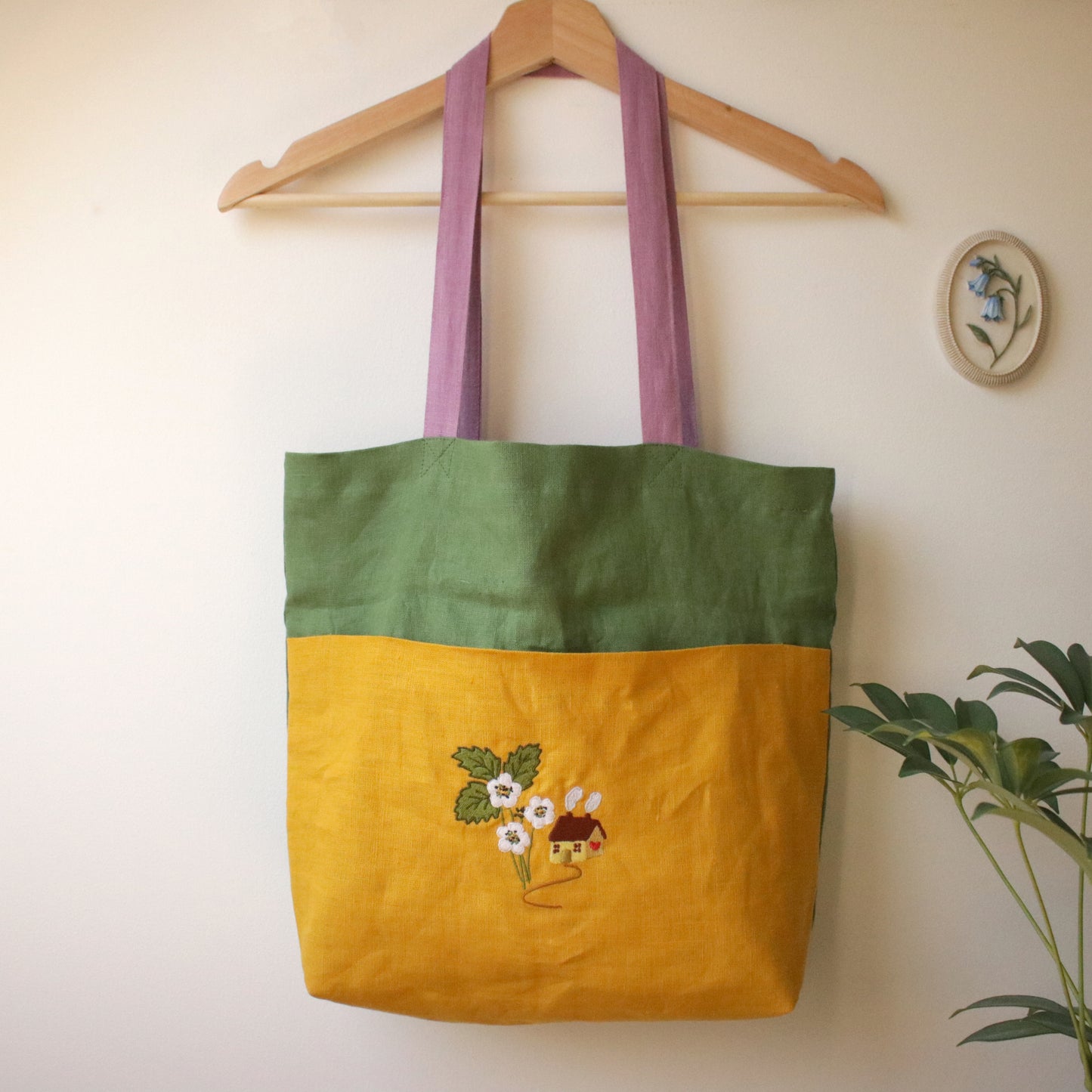 Handmade Linen Tote Bag with an Embroidery "The Garden Stroll"