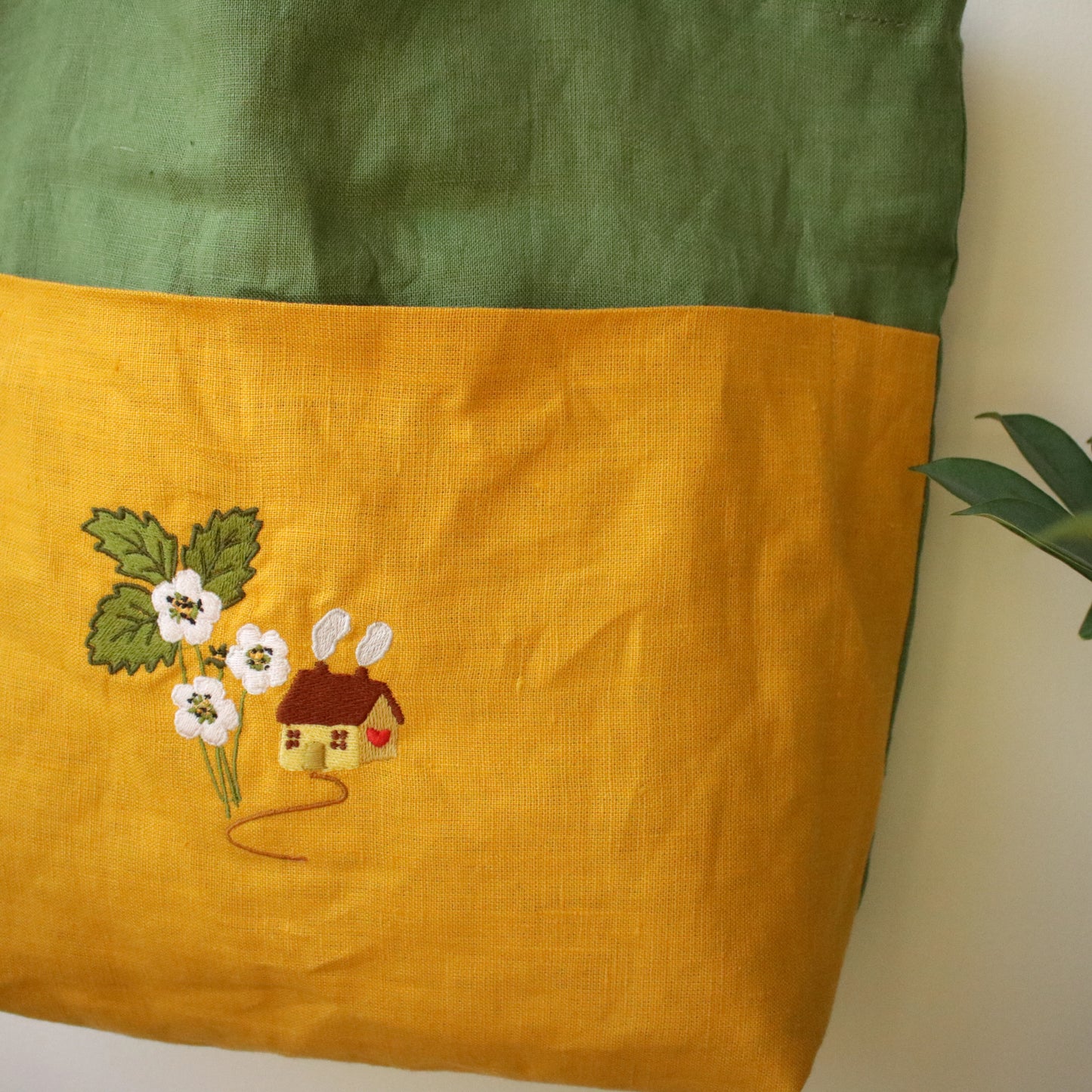 Handmade Linen Tote Bag with an Embroidery "The Garden Stroll"