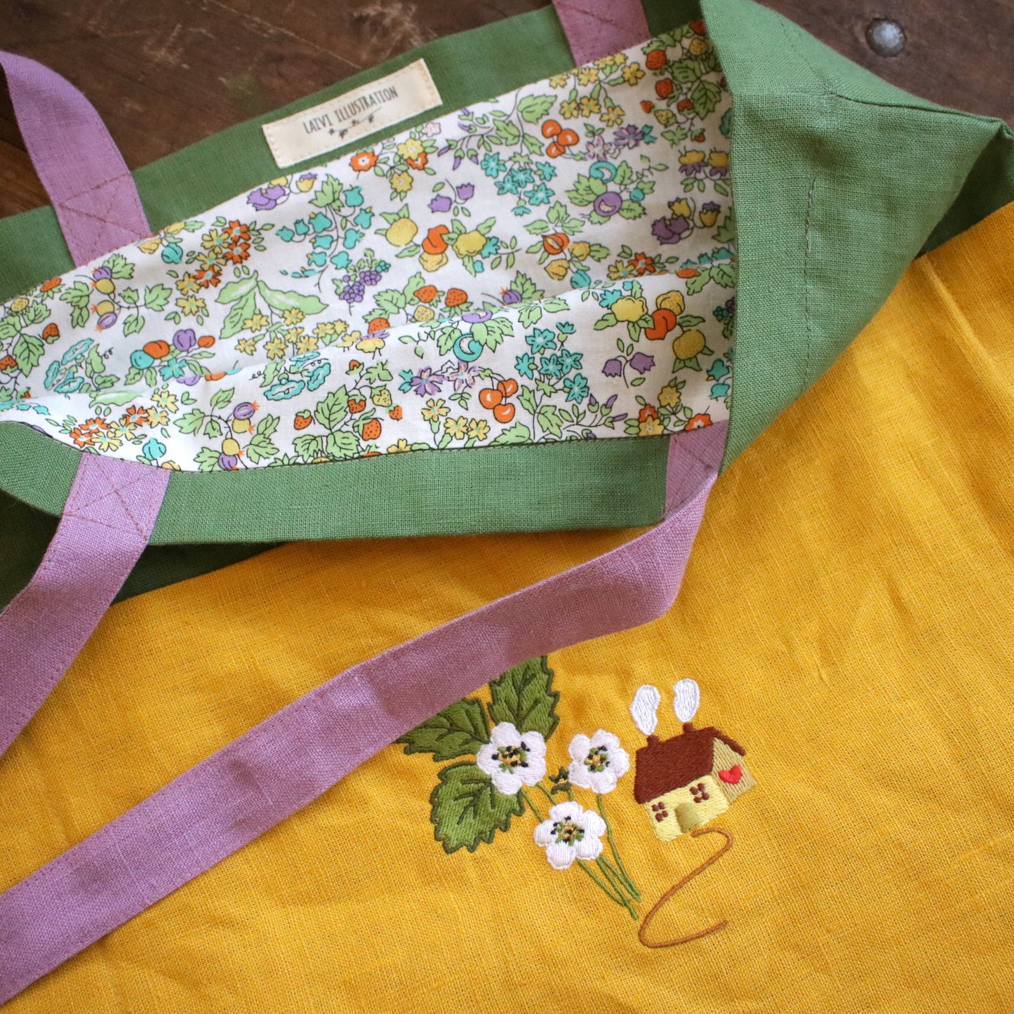 Handmade Linen Tote Bag with an Embroidery "The Garden Stroll"