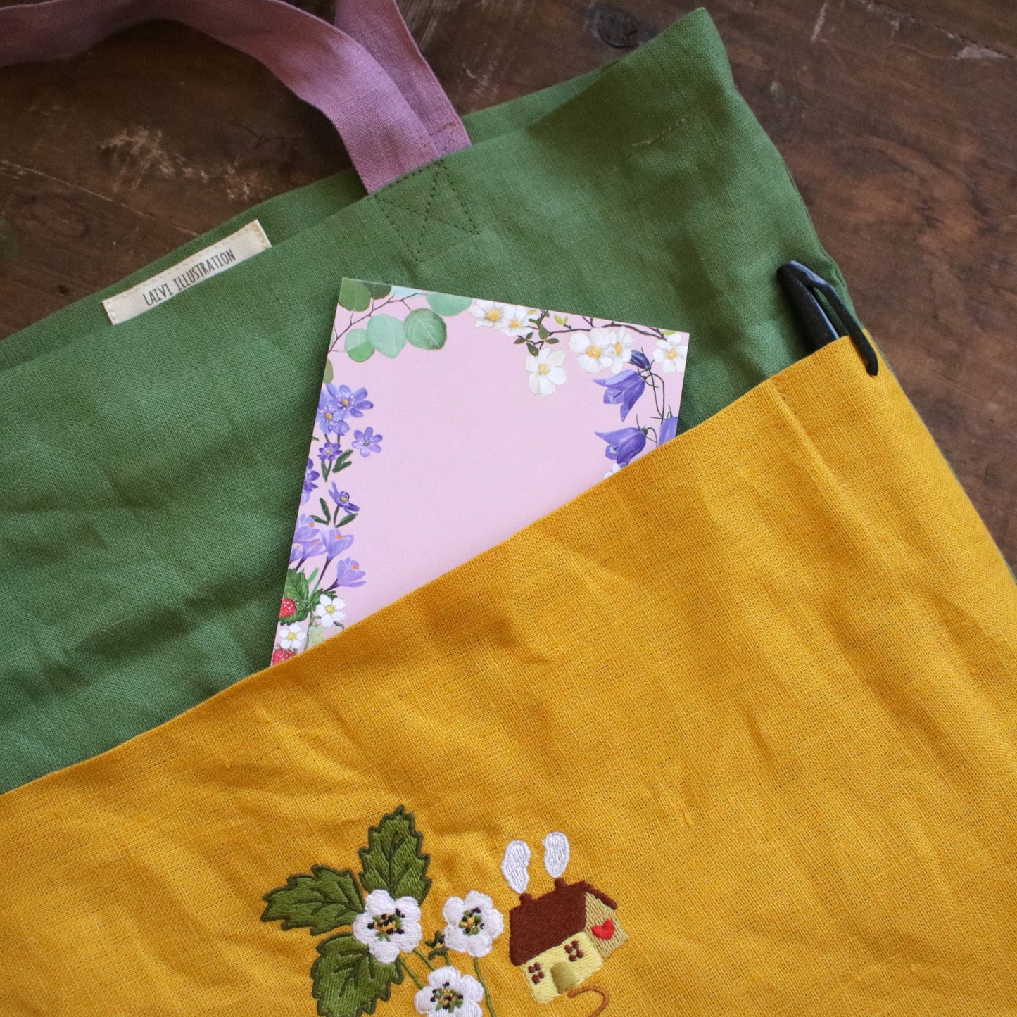 Handmade Linen Tote Bag with an Embroidery "The Garden Stroll"