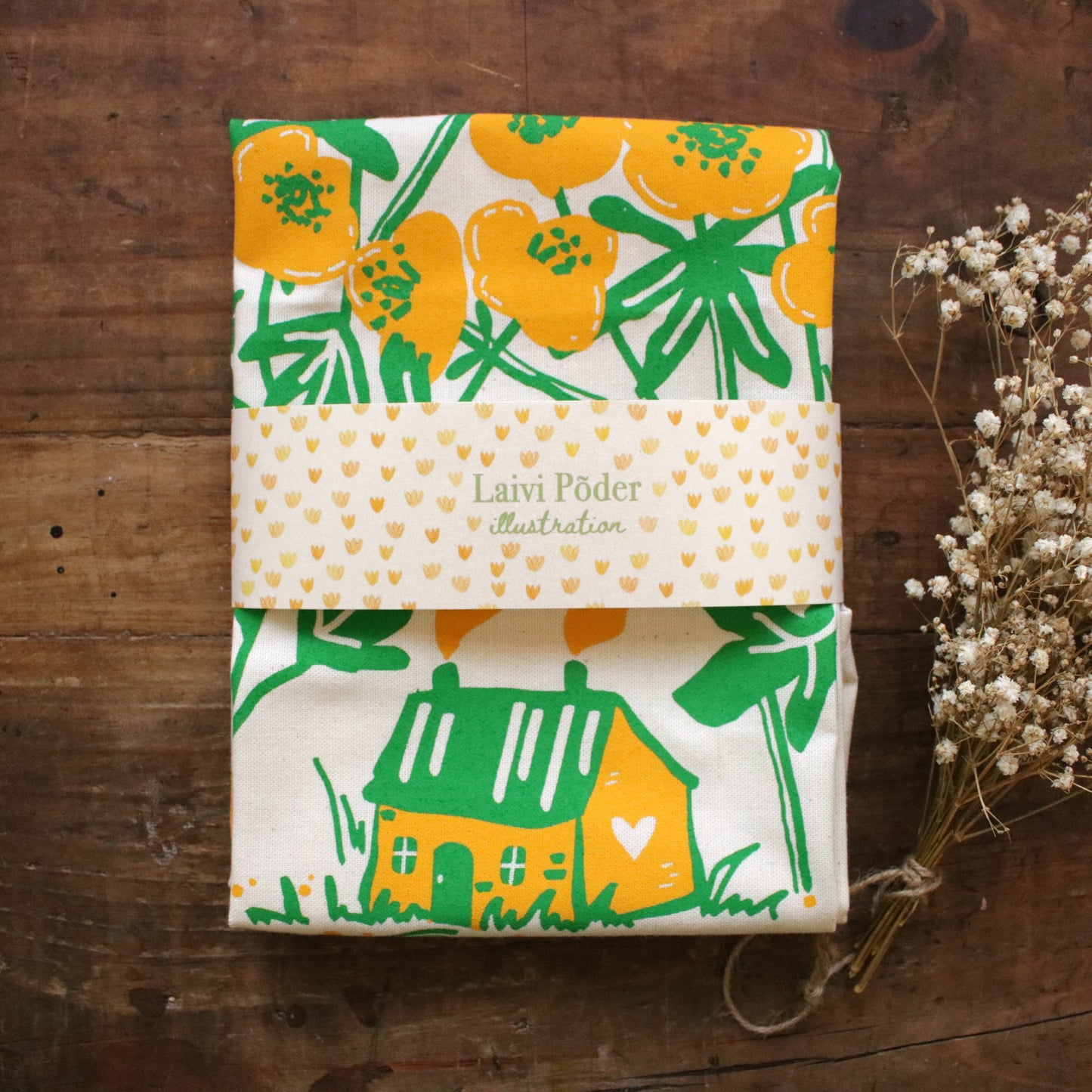 Screen printed tea towel "Buttercup Season"