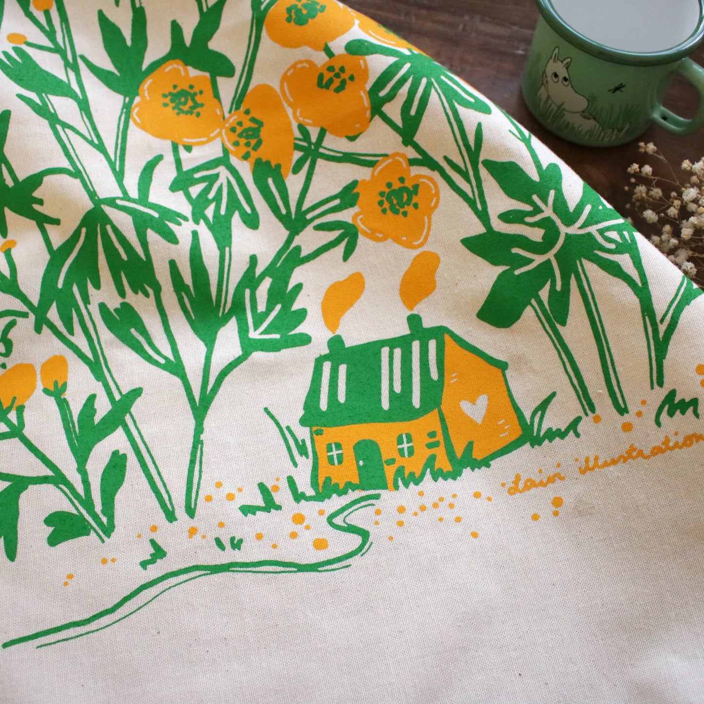 Screen printed tea towel "Buttercup Season"