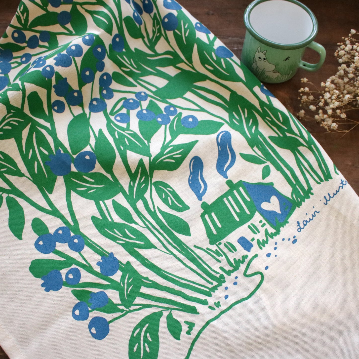 Screen printed tea towel "Blueberry Forest"