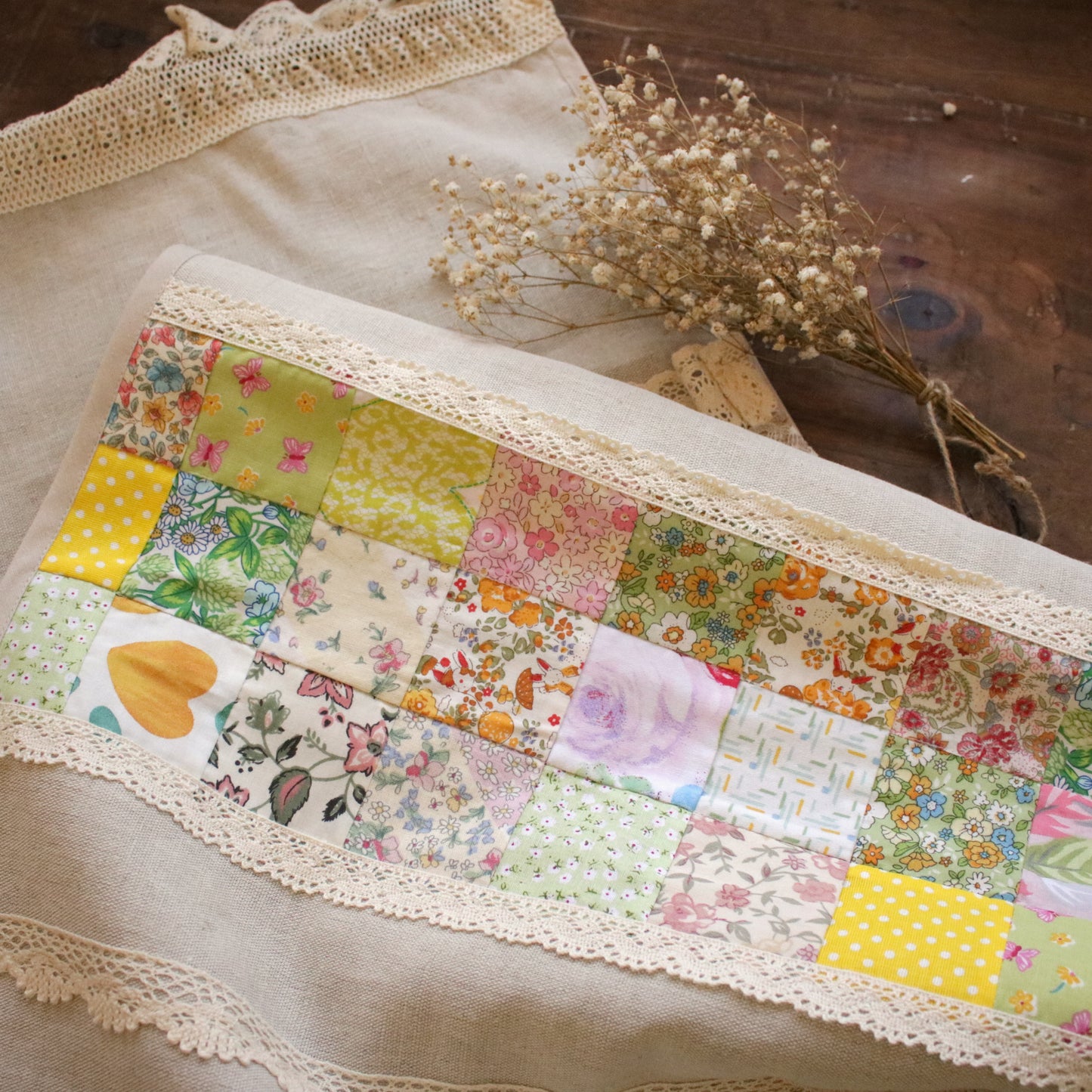 Linen Table Runner with Patchwork Detail "Wildflower Trails"
