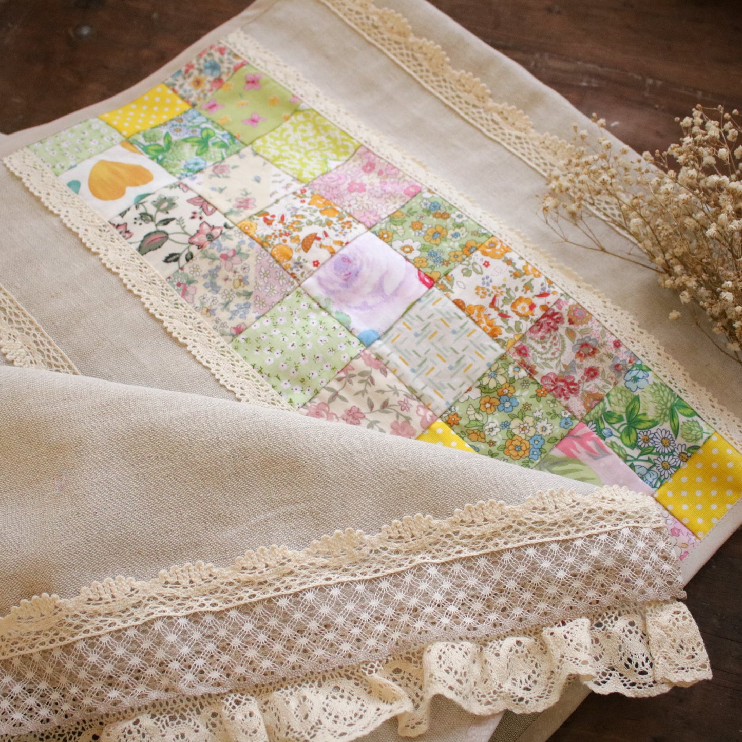Linen Table Runner with Patchwork Detail "Wildflower Trails"