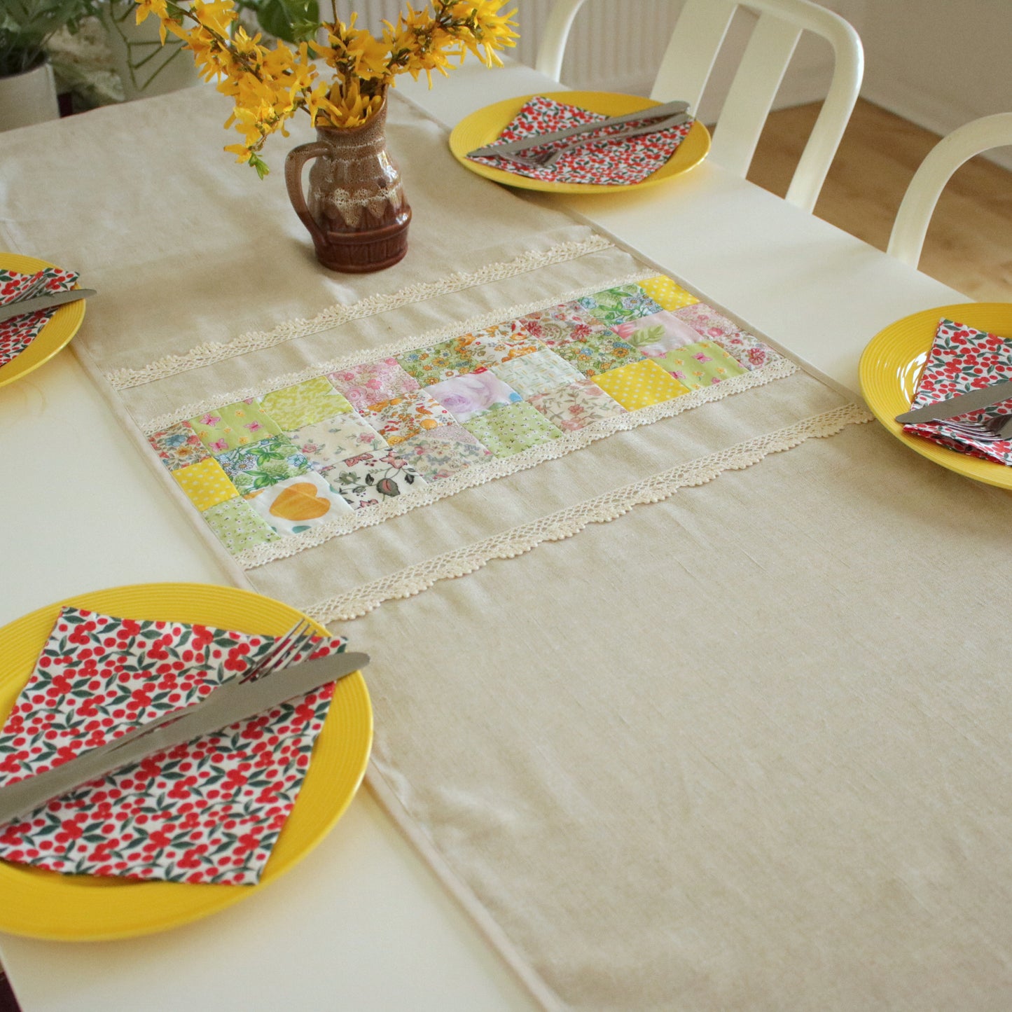 Linen Table Runner with Patchwork Detail "Wildflower Trails"