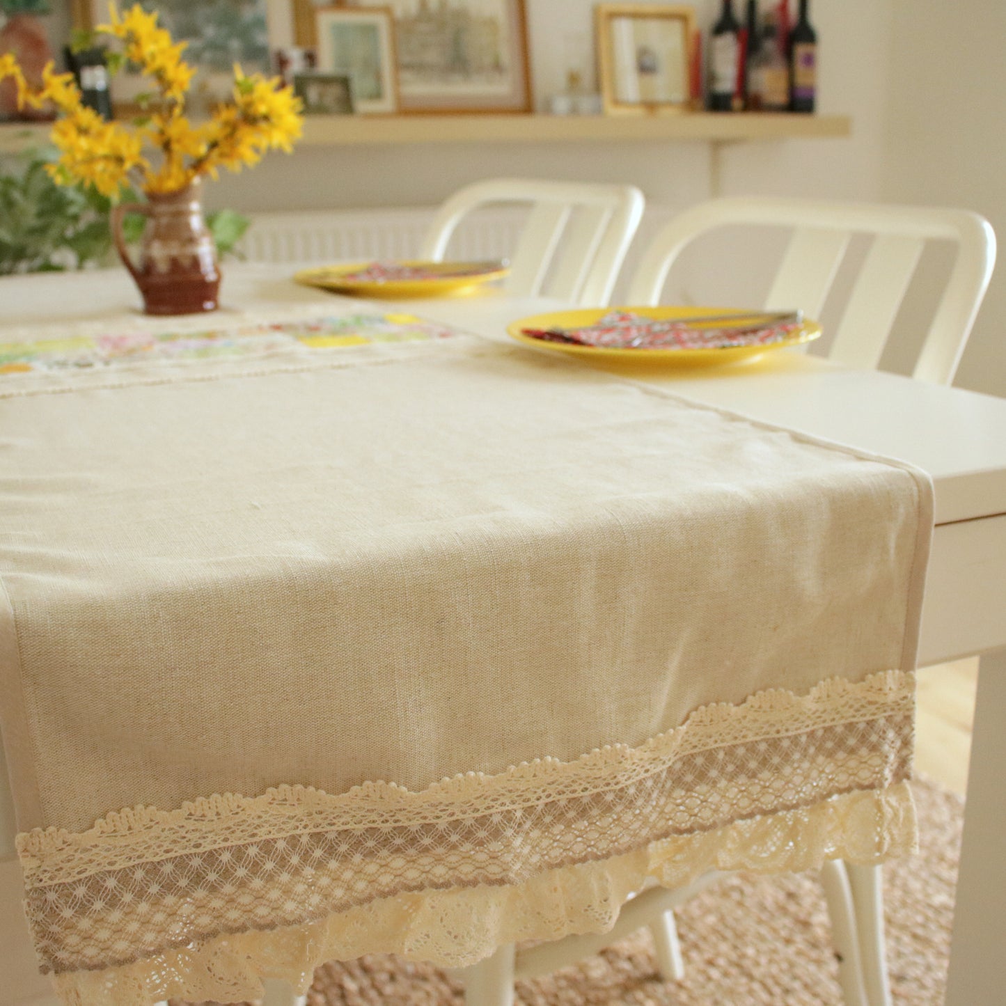 Linen Table Runner with Patchwork Detail "Wildflower Trails"