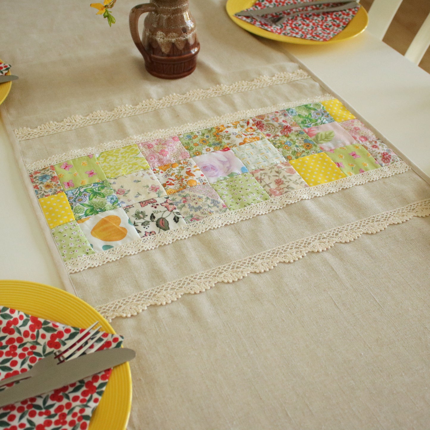 Linen Table Runner with Patchwork Detail "Wildflower Trails"