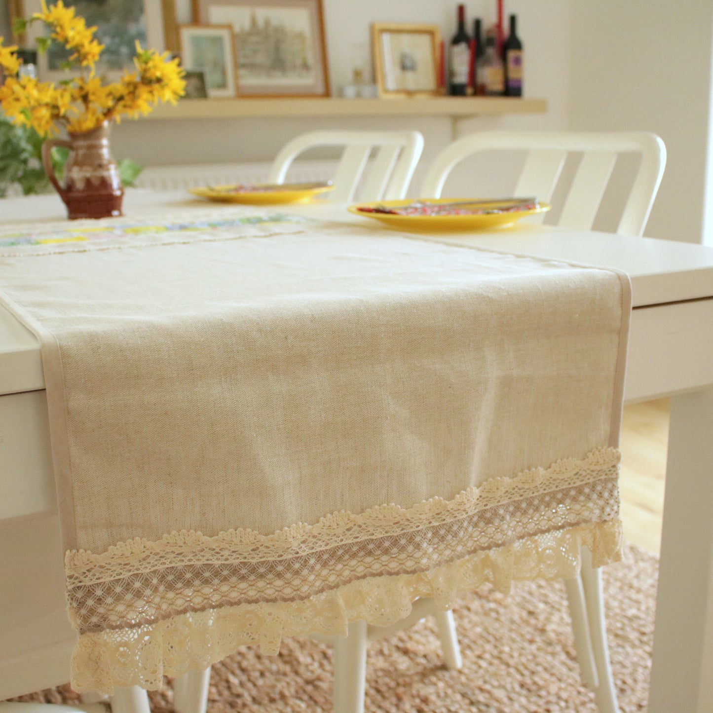 Linen Table Runner with Patchwork Detail "Primrose Garden"