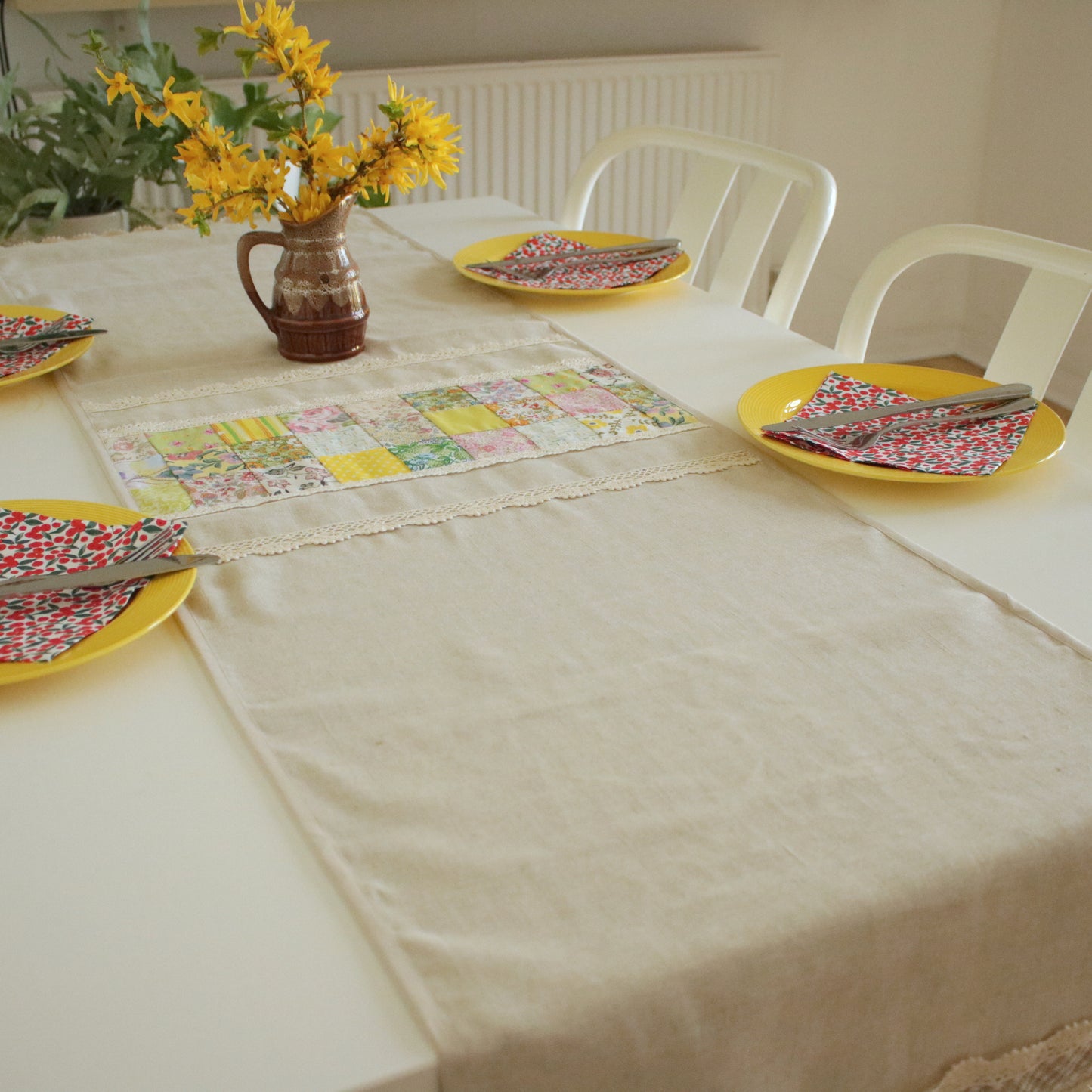 Linen Table Runner with Patchwork Detail "Daffodil Dream"