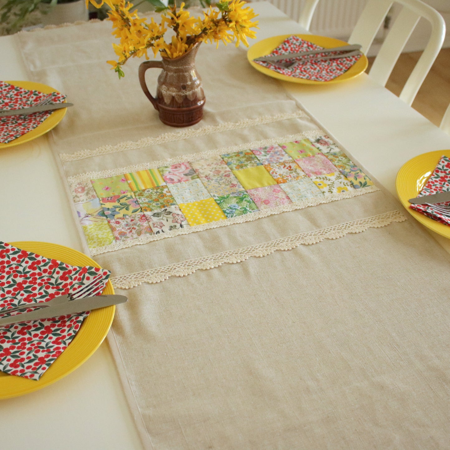 Linen Table Runner with Patchwork Detail "Daffodil Dream"