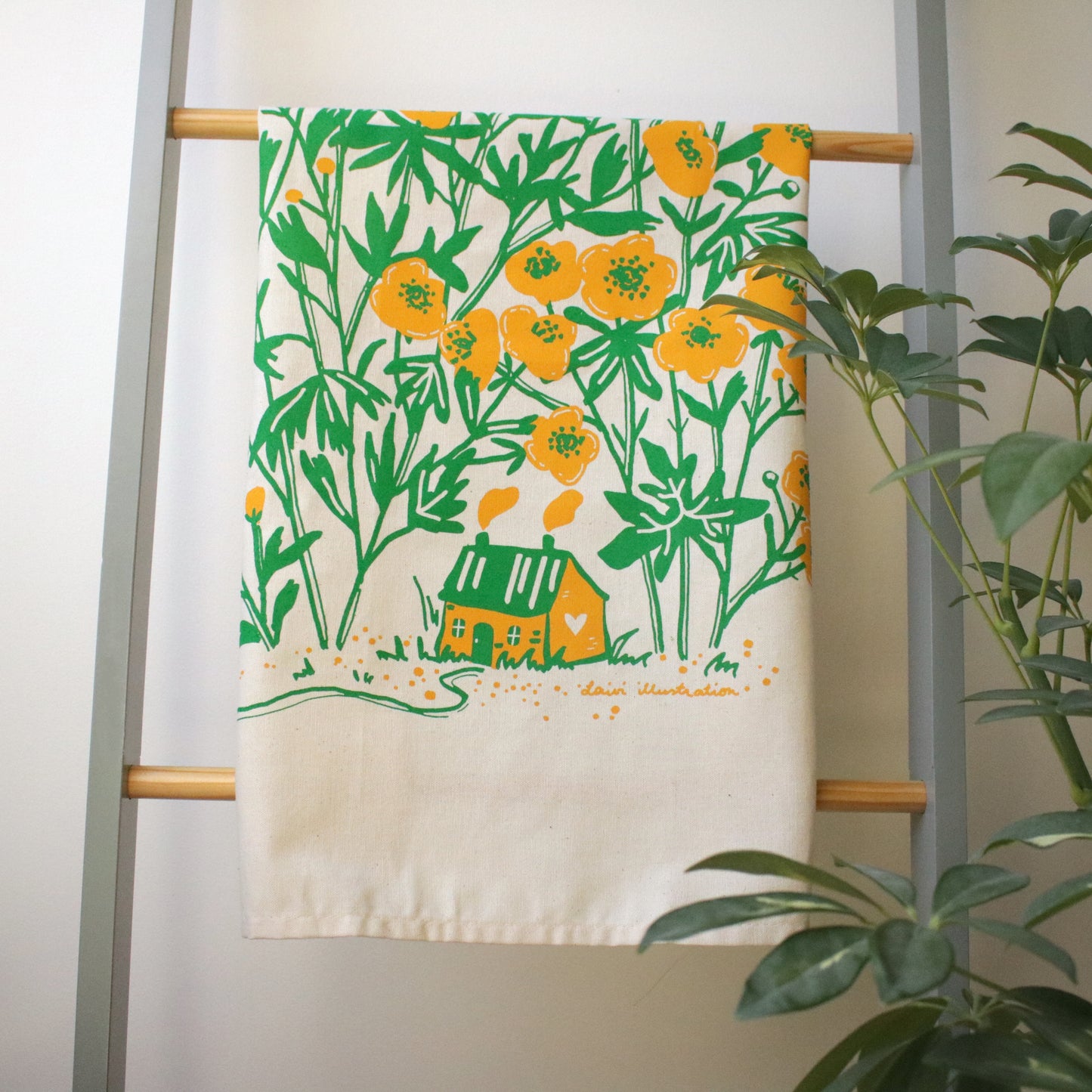 Screen printed tea towel "Buttercup Season"