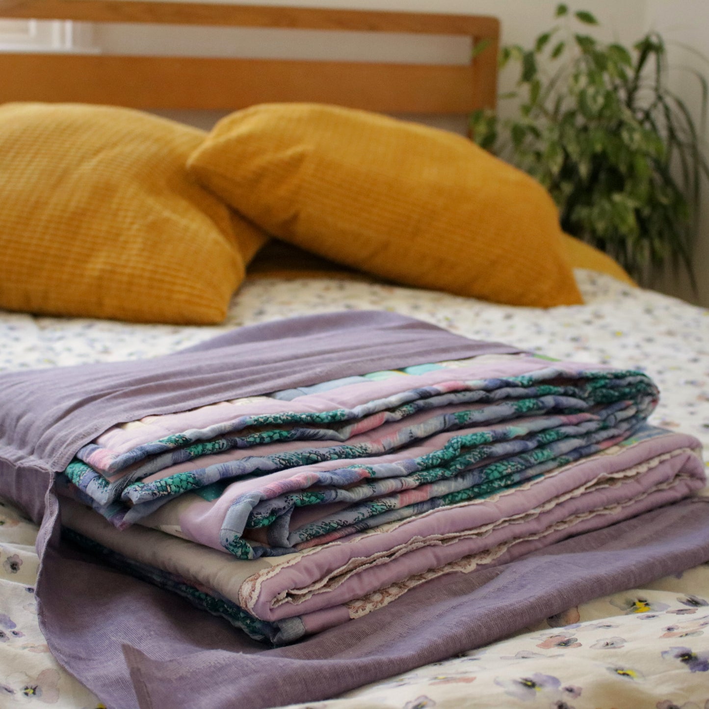 Heirloom Patchwork Blanket with an Embroidery "Gentle Spring Stream" L size