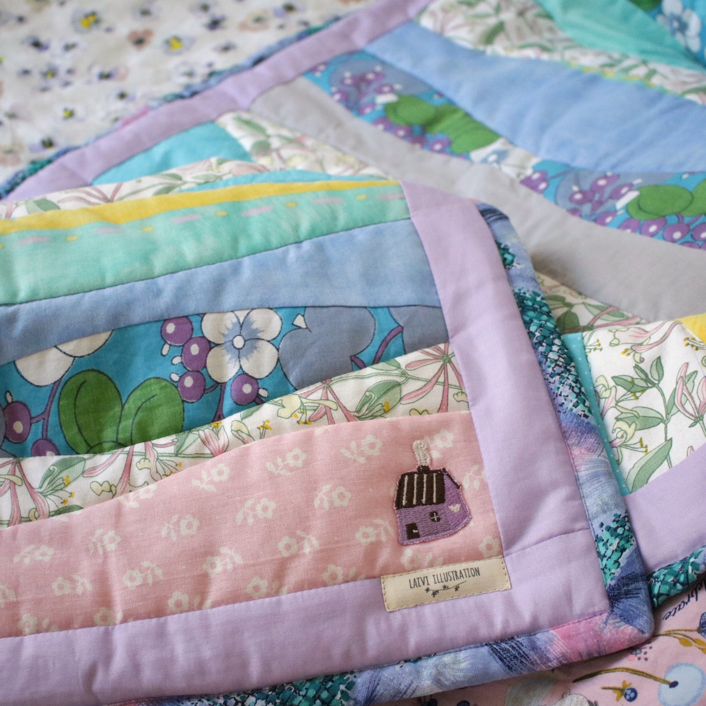 Heirloom Patchwork Blanket with an Embroidery "Gentle Spring Stream" L size