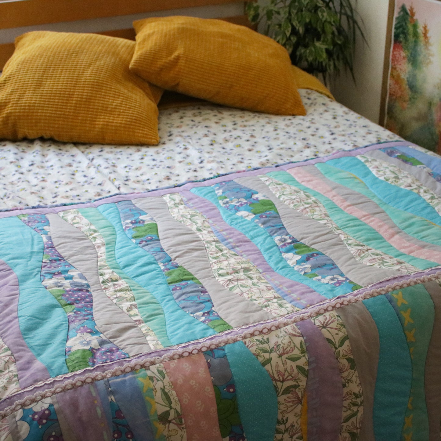 Heirloom Patchwork Blanket with an Embroidery "Gentle Spring Stream" L size