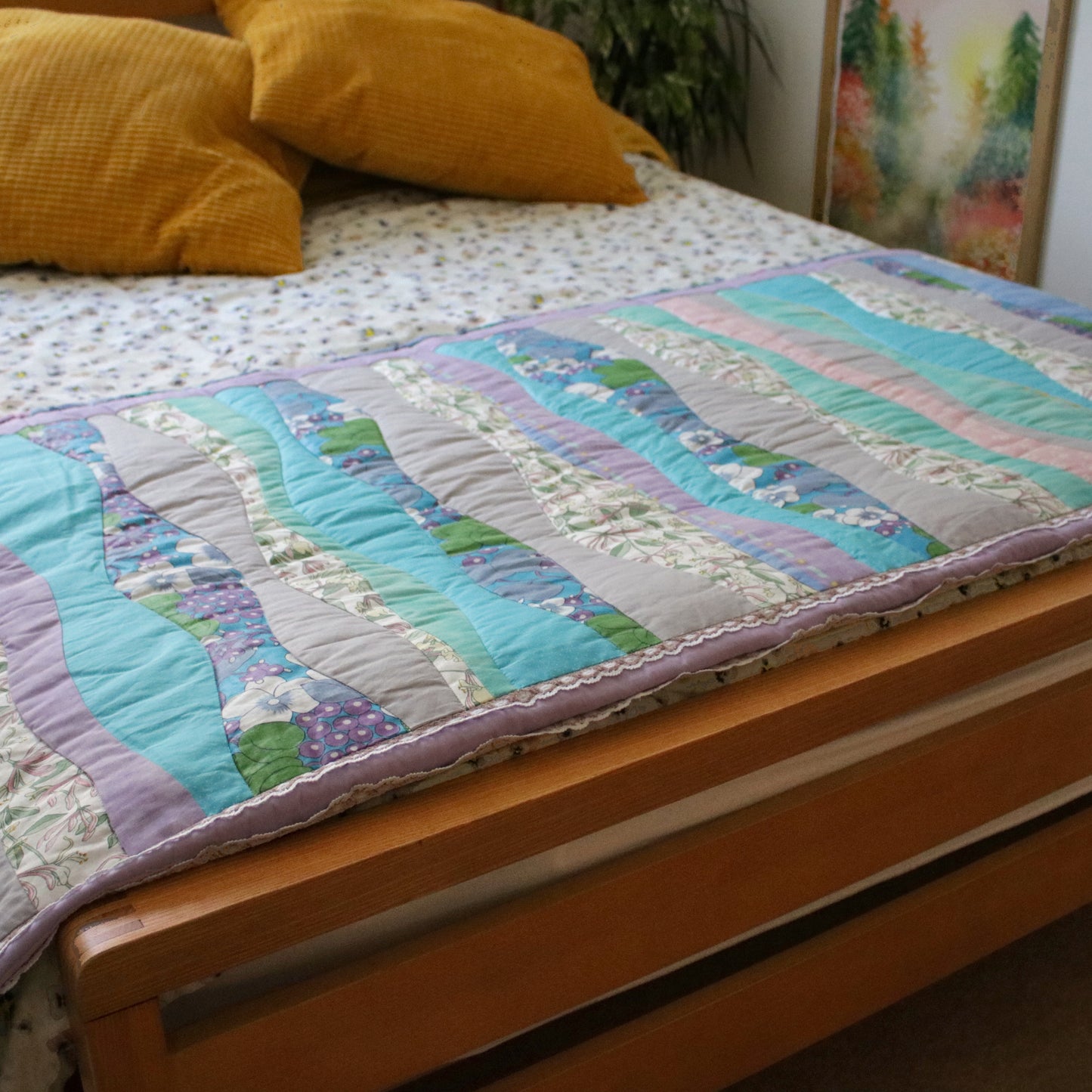 Heirloom Patchwork Blanket with an Embroidery "Gentle Spring Stream" L size