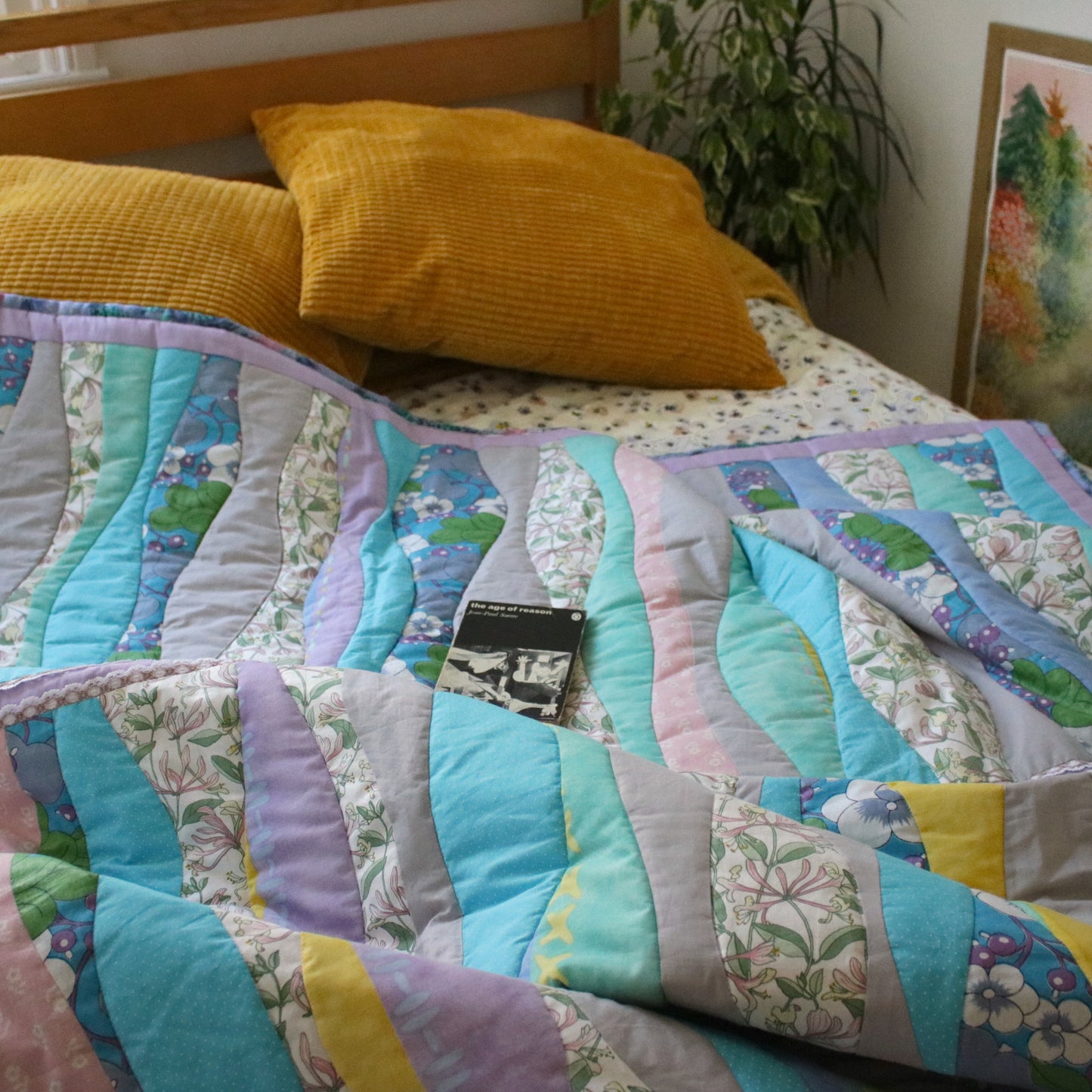 Heirloom Patchwork Blanket with an Embroidery "Gentle Spring Stream" L size