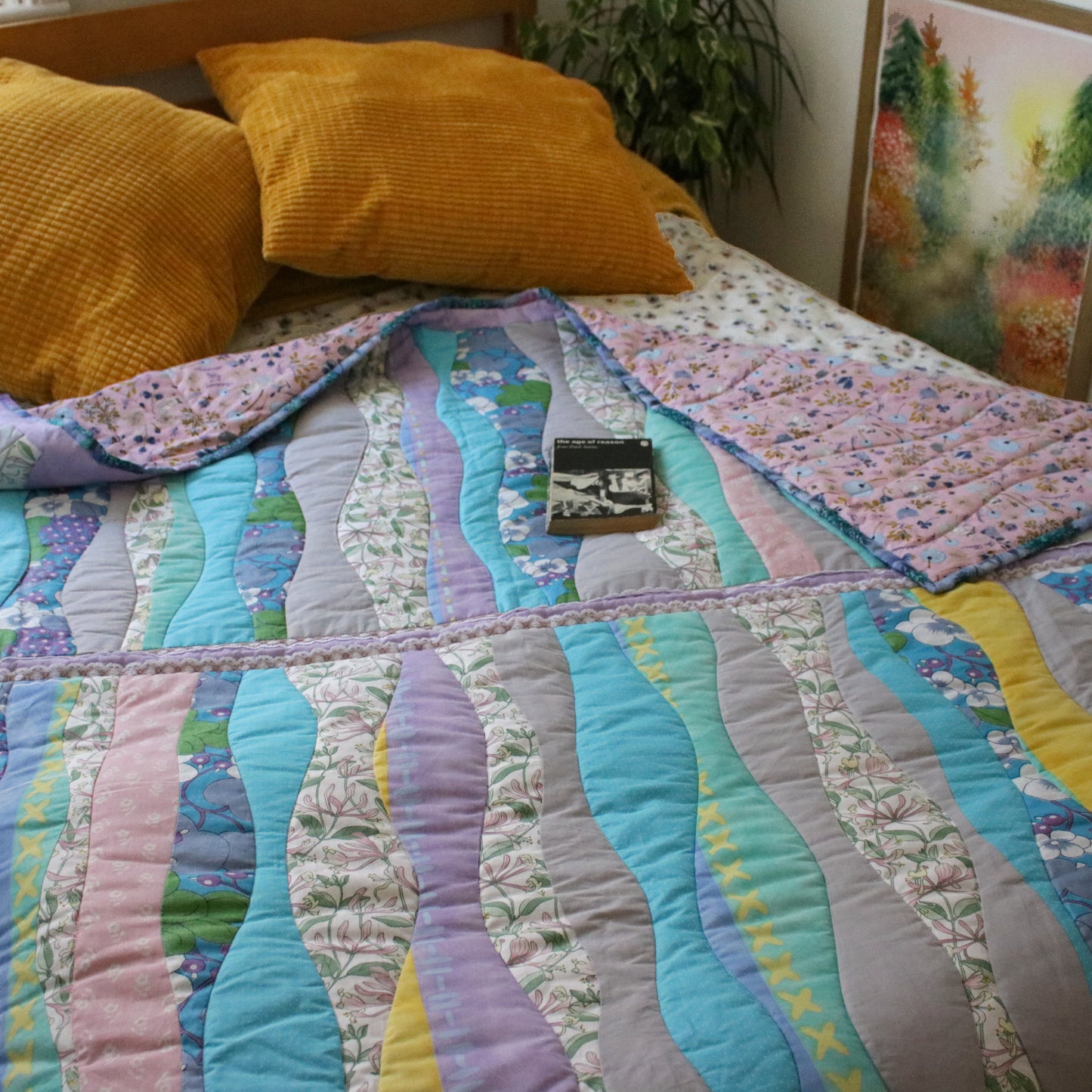 Heirloom Patchwork Blanket with an Embroidery "Gentle Spring Stream" L size