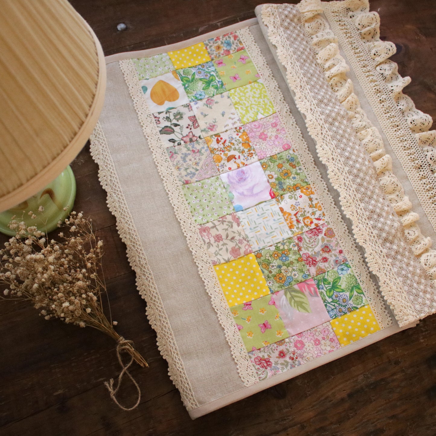 Linen Table Runner with Patchwork Detail "Wildflower Trails"