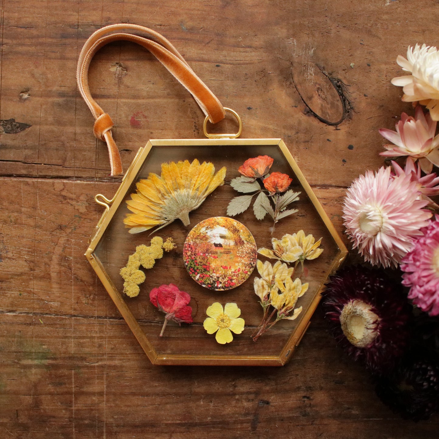 Hexagon pressed flower frame with Smell of Rosehip art print