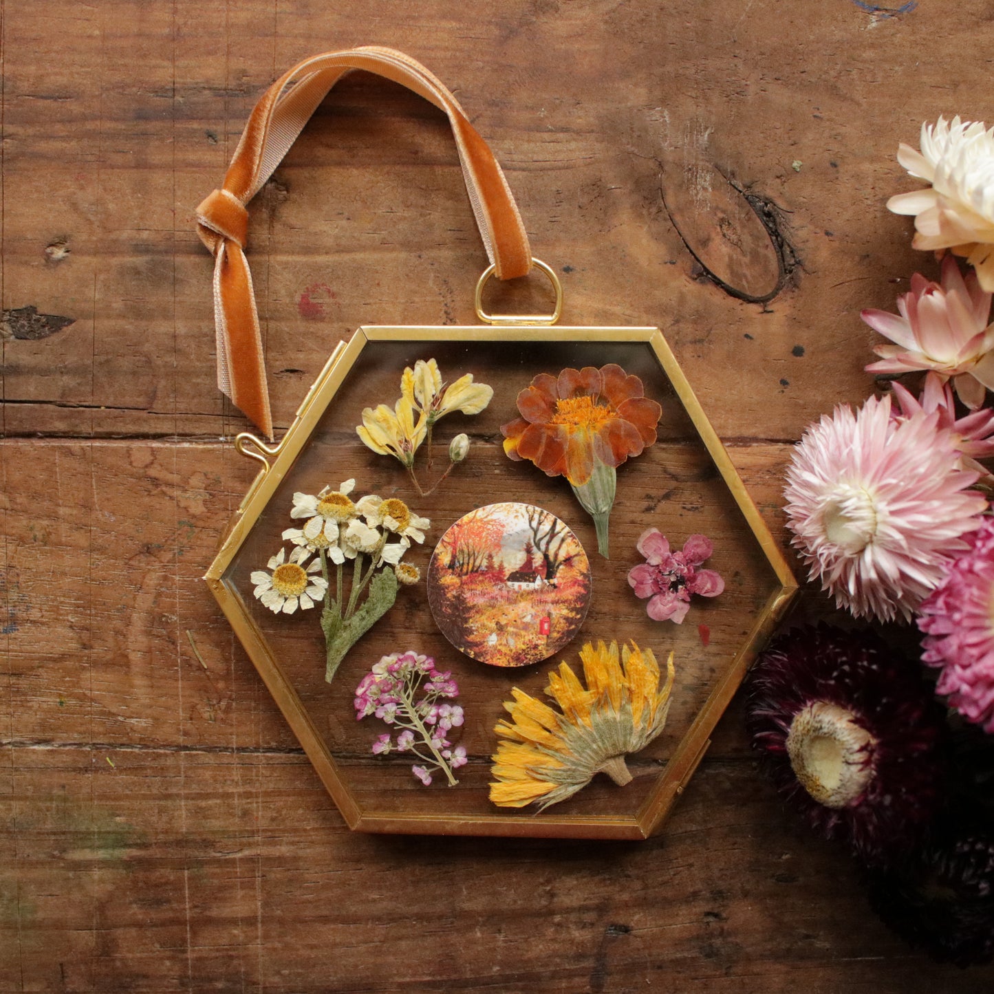 Hexagon pressed flower frame with Autumn Letters art print