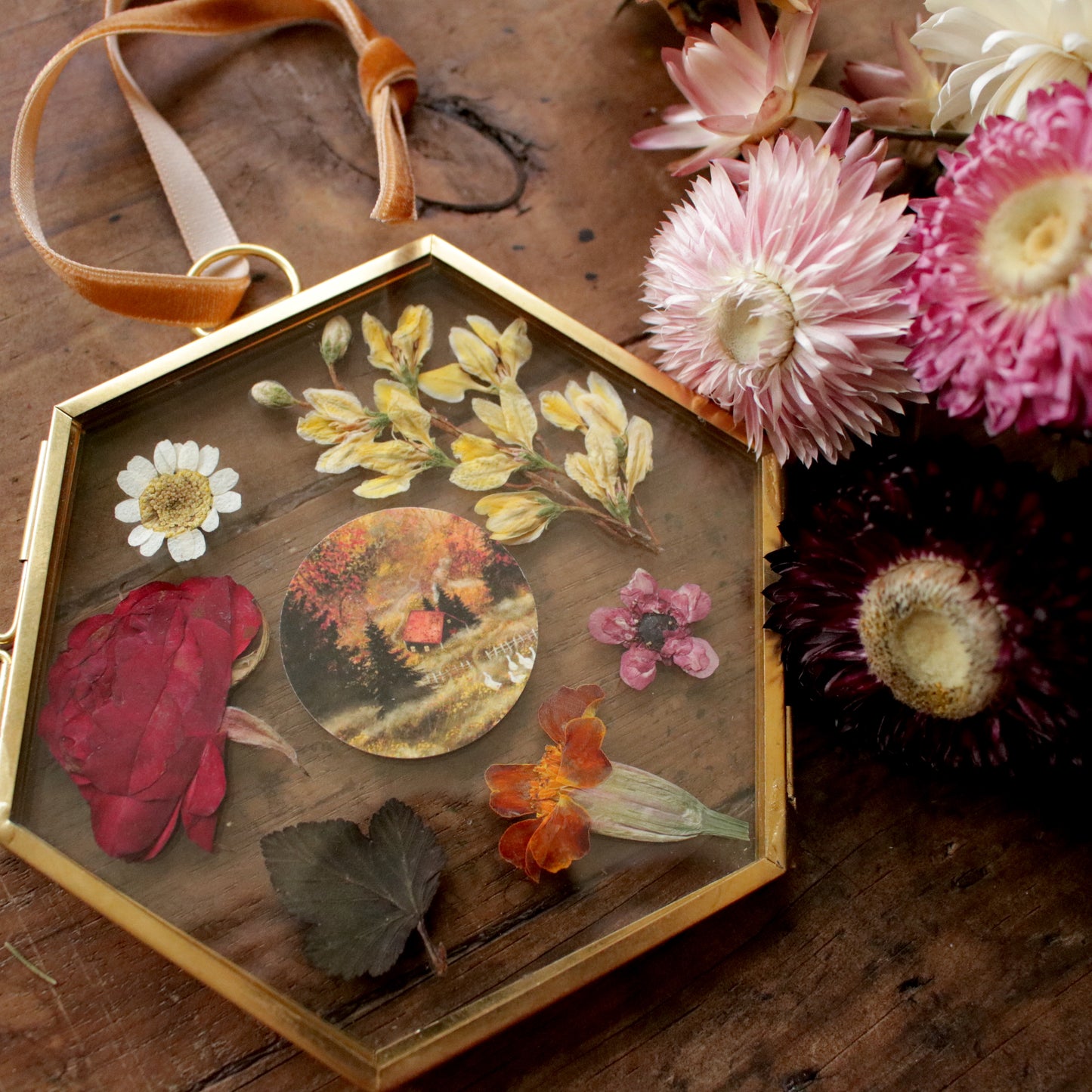 Hexagon pressed flower frame with Misty Woodland art print