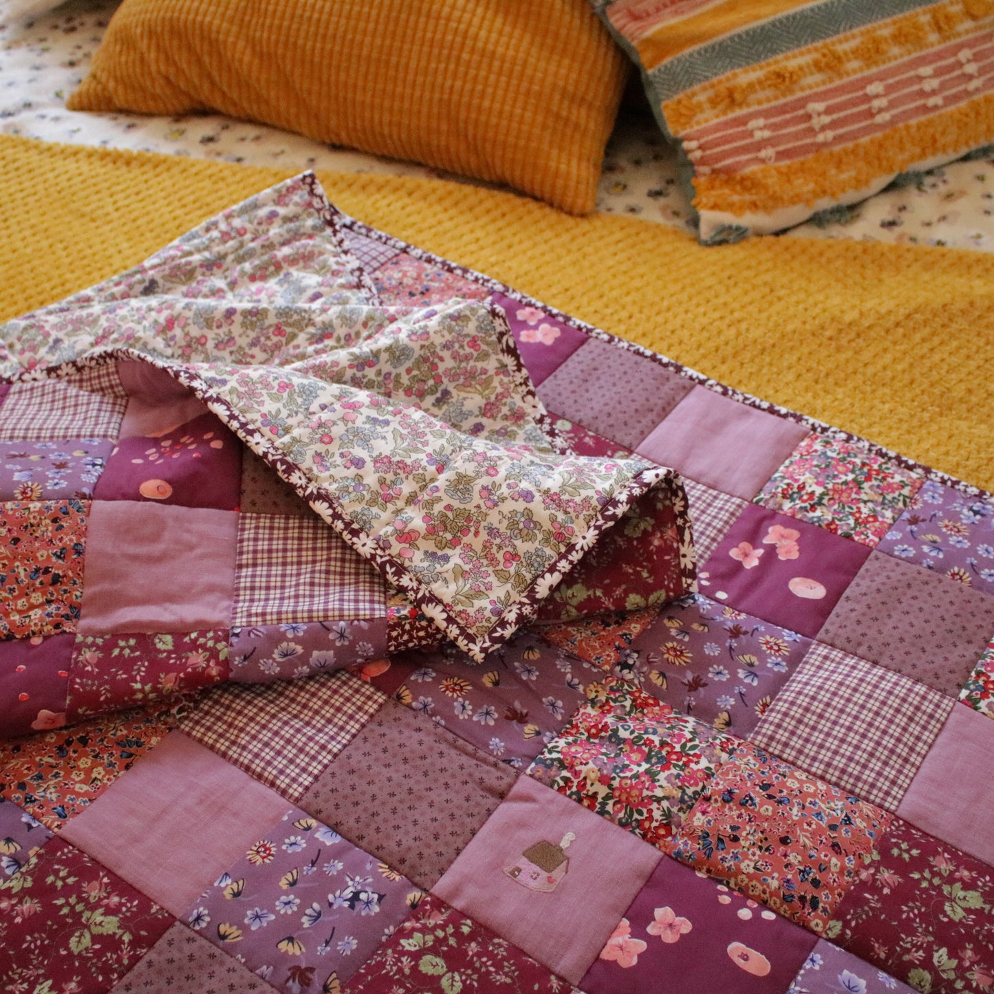 Heirloom Patchwork Bed Runner with an Embroidery "November Garden"
