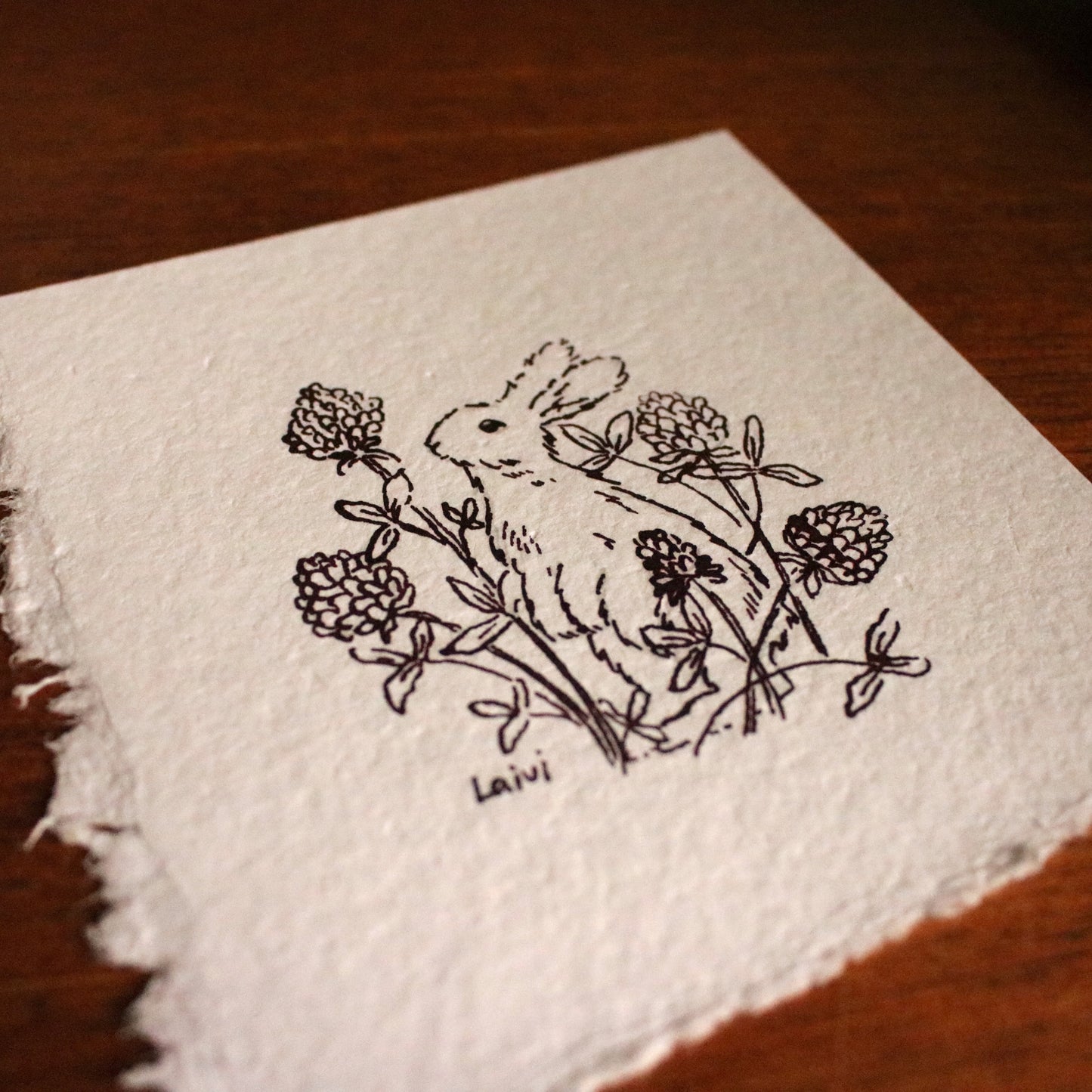 Original Ink Drawing "Clovers and a Rabbit"