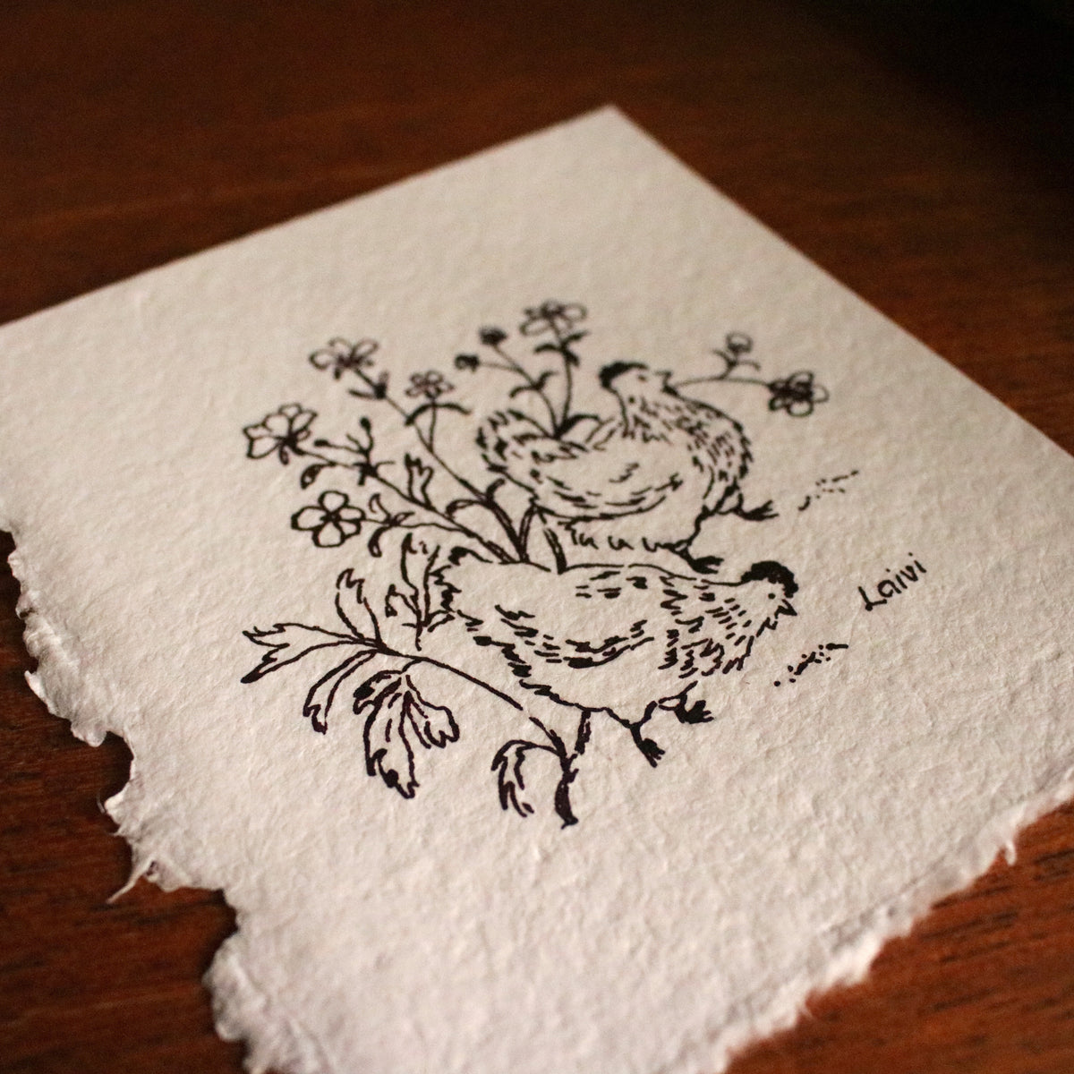 Original Ink Drawing "Chickens and Buttercups"