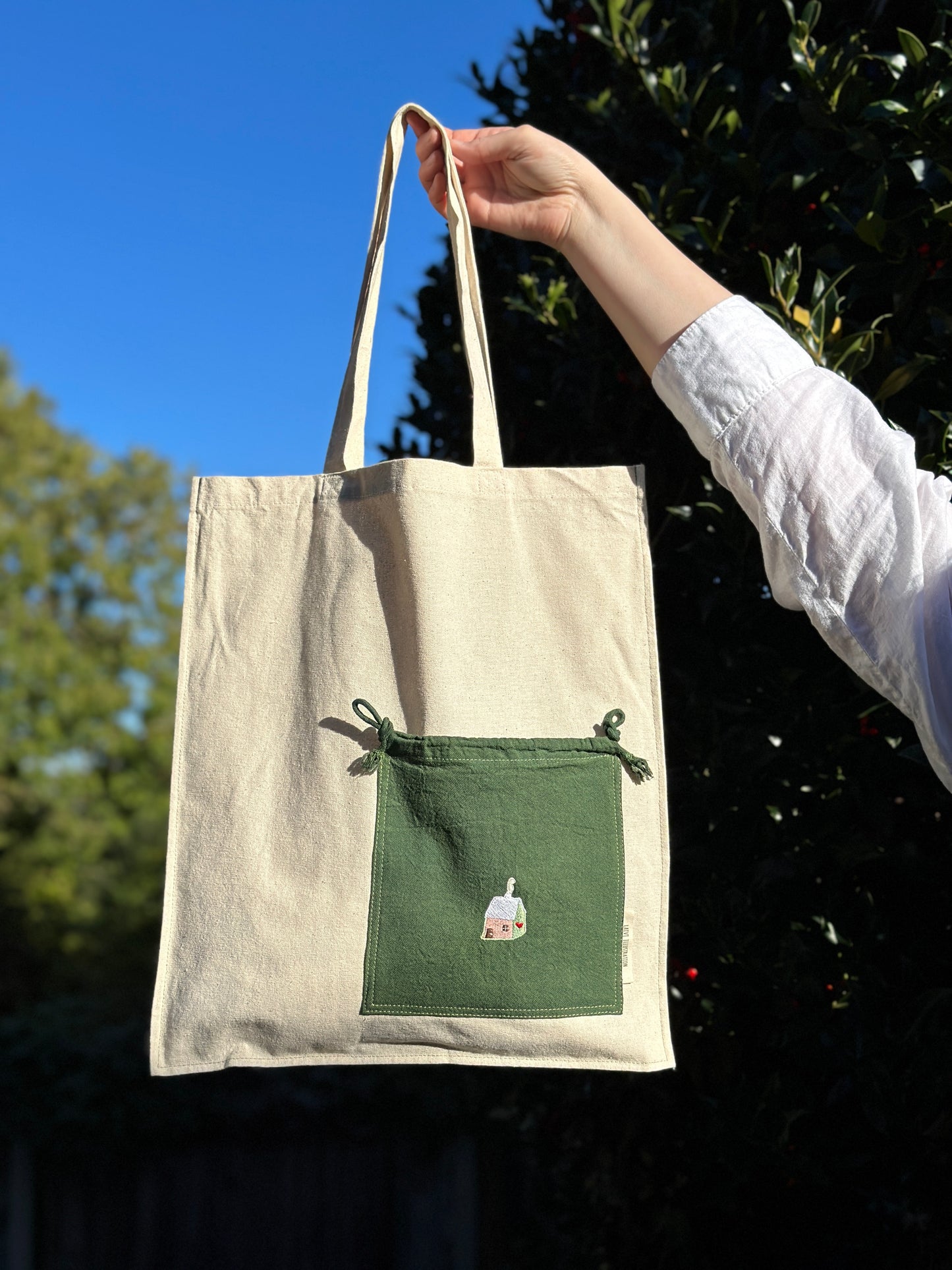 Essential Cotton Tote Bag with a Pocket Green/Pink House