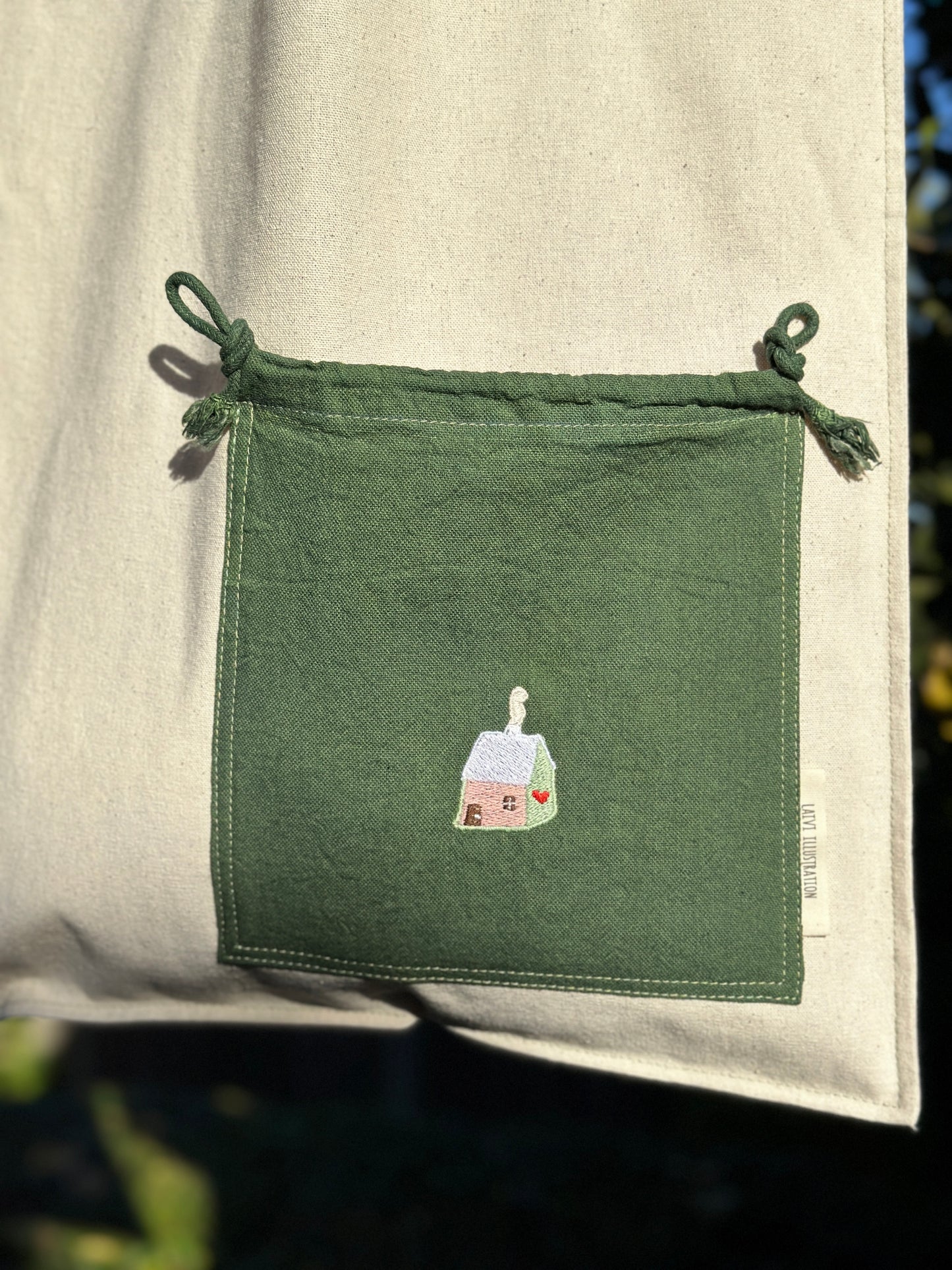Essential Cotton Tote Bag with a Pocket Green/Pink House