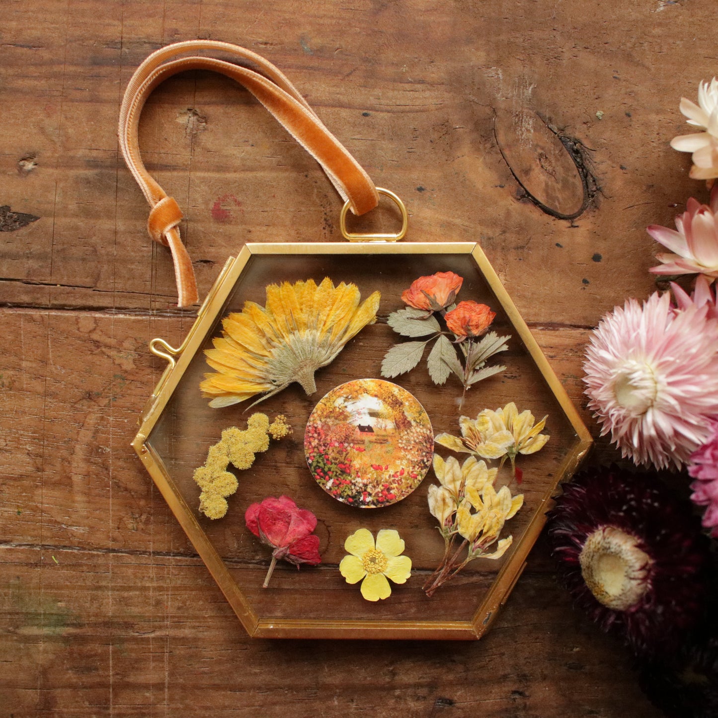 Hexagon pressed flower frame with Smell of Rosehip art print