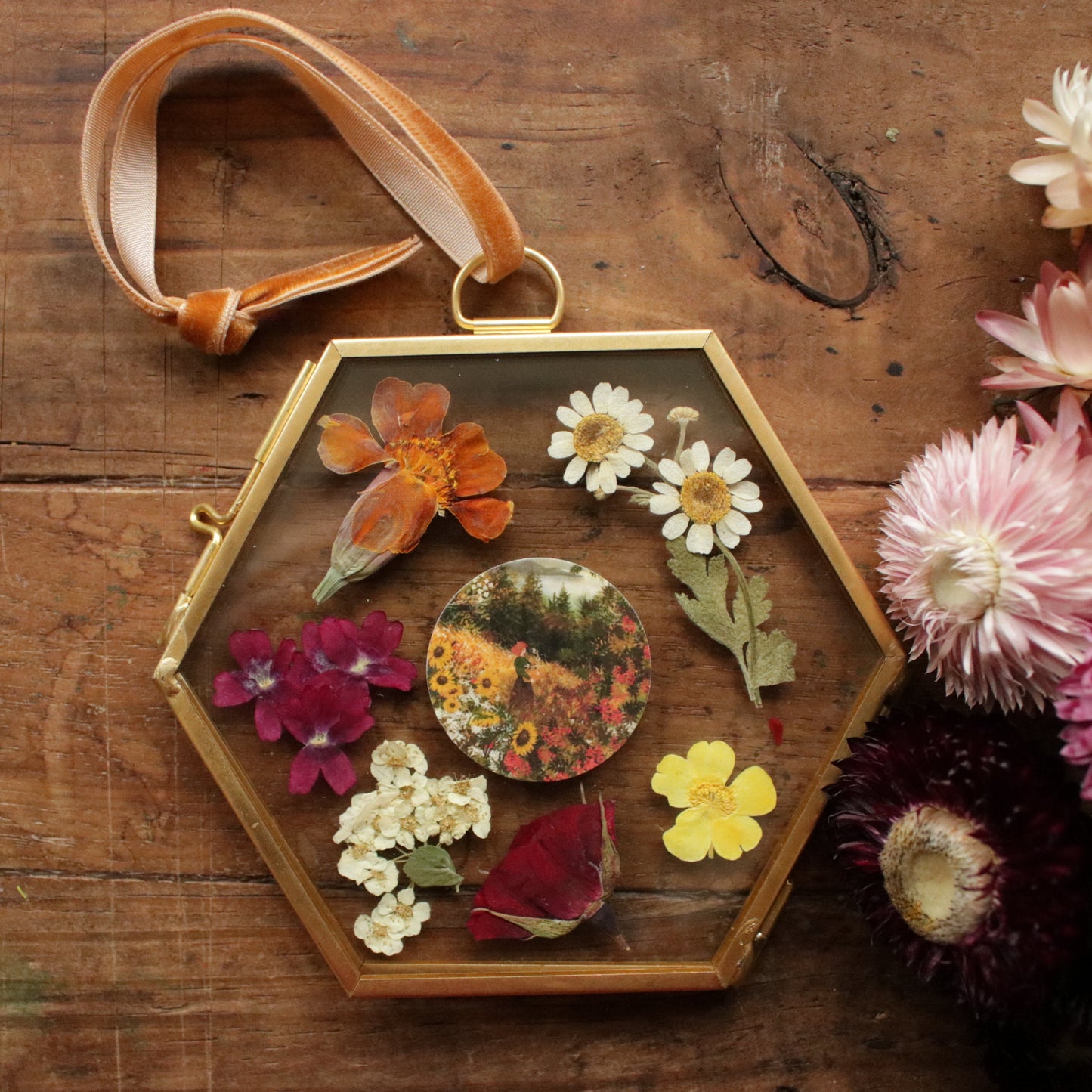 Hexagon pressed flower frame with Autumn Views and Foraging art print