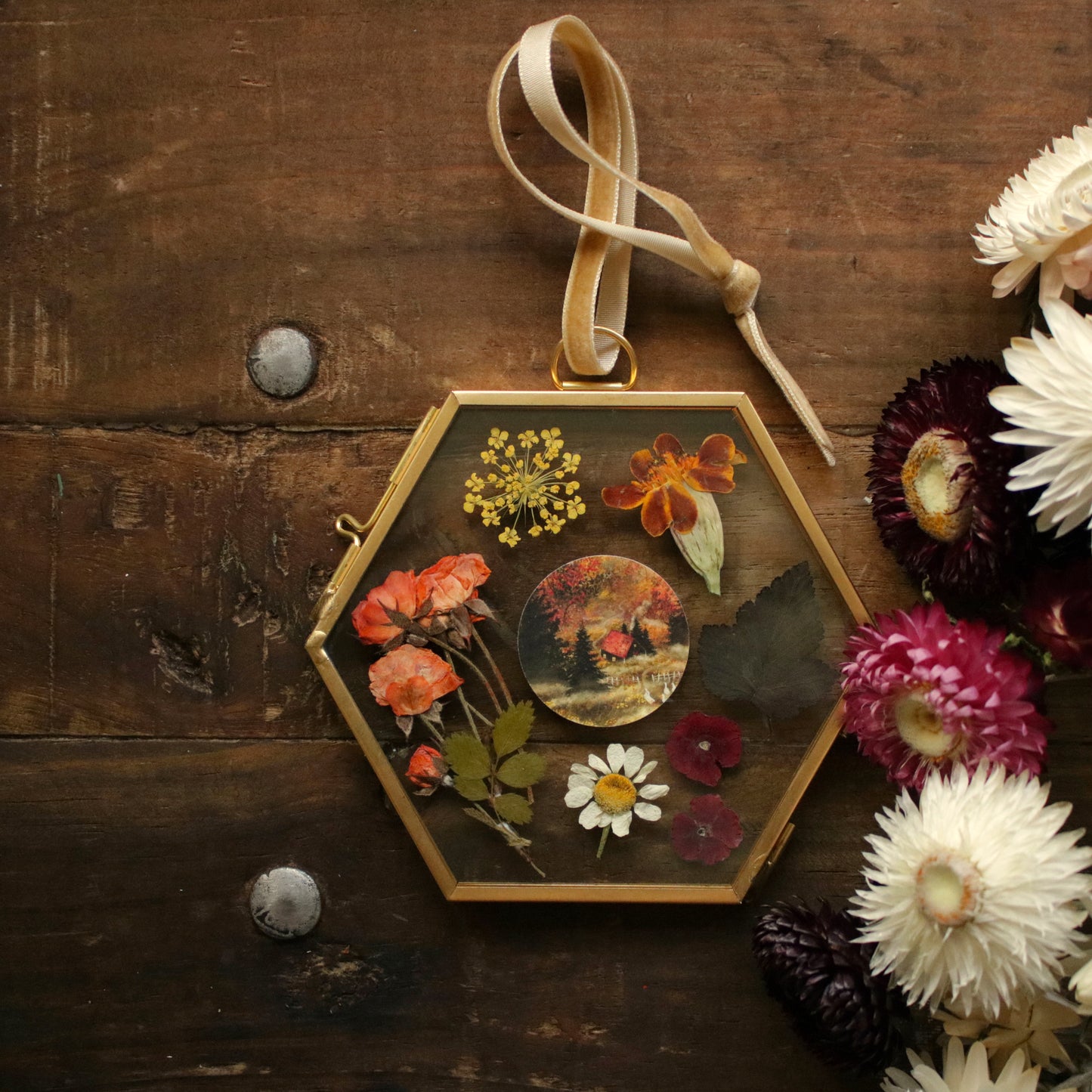 Hexagon pressed flower frame with Misty Woodland art print