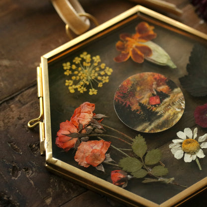 Hexagon pressed flower frame with Misty Woodland art print