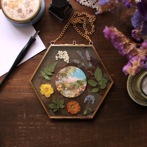 Hexagon Pressed flower frame with Friendly Geese and Anemone art print