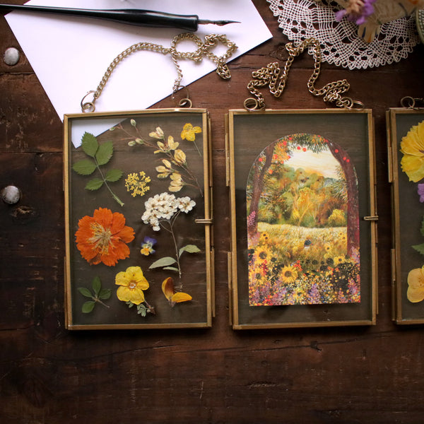 Set of 3 rustic pressed flower frames with Golden Autumn art print