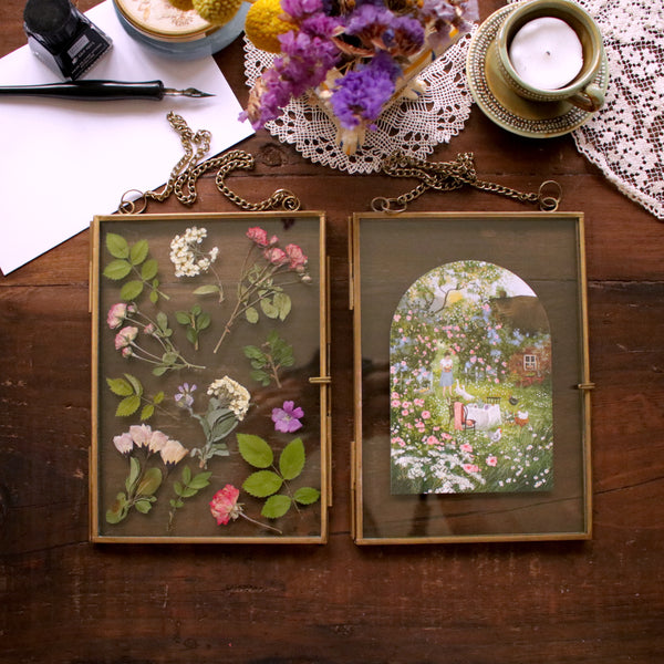Set of 2 rustic pressed flower frames with Rose Garden Picnic art print