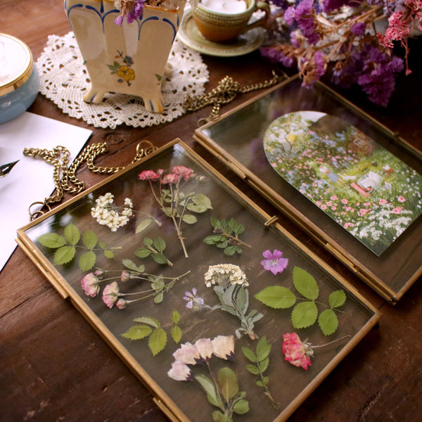 Set of 2 rustic pressed flower frames with Rose Garden Picnic art print