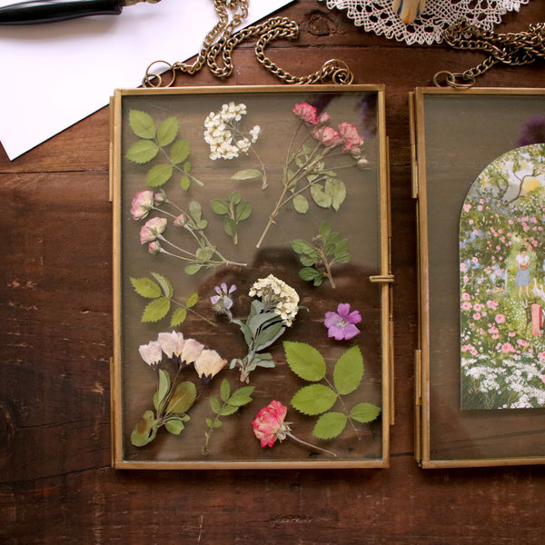 Set of 2 rustic pressed flower frames with Rose Garden Picnic art print