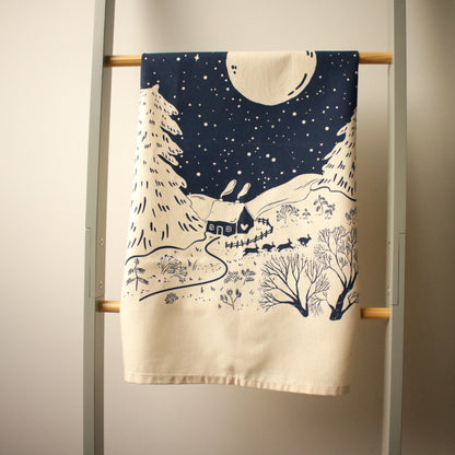 Screen printed tea towel "Winter Cottage"