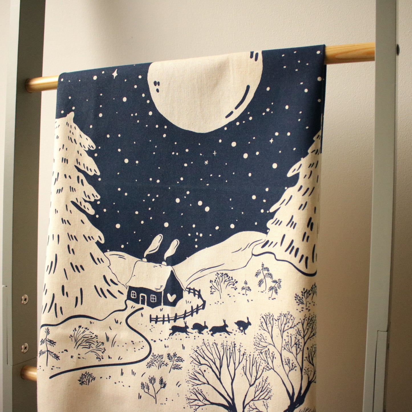 Screen printed tea towel "Winter Cottage"