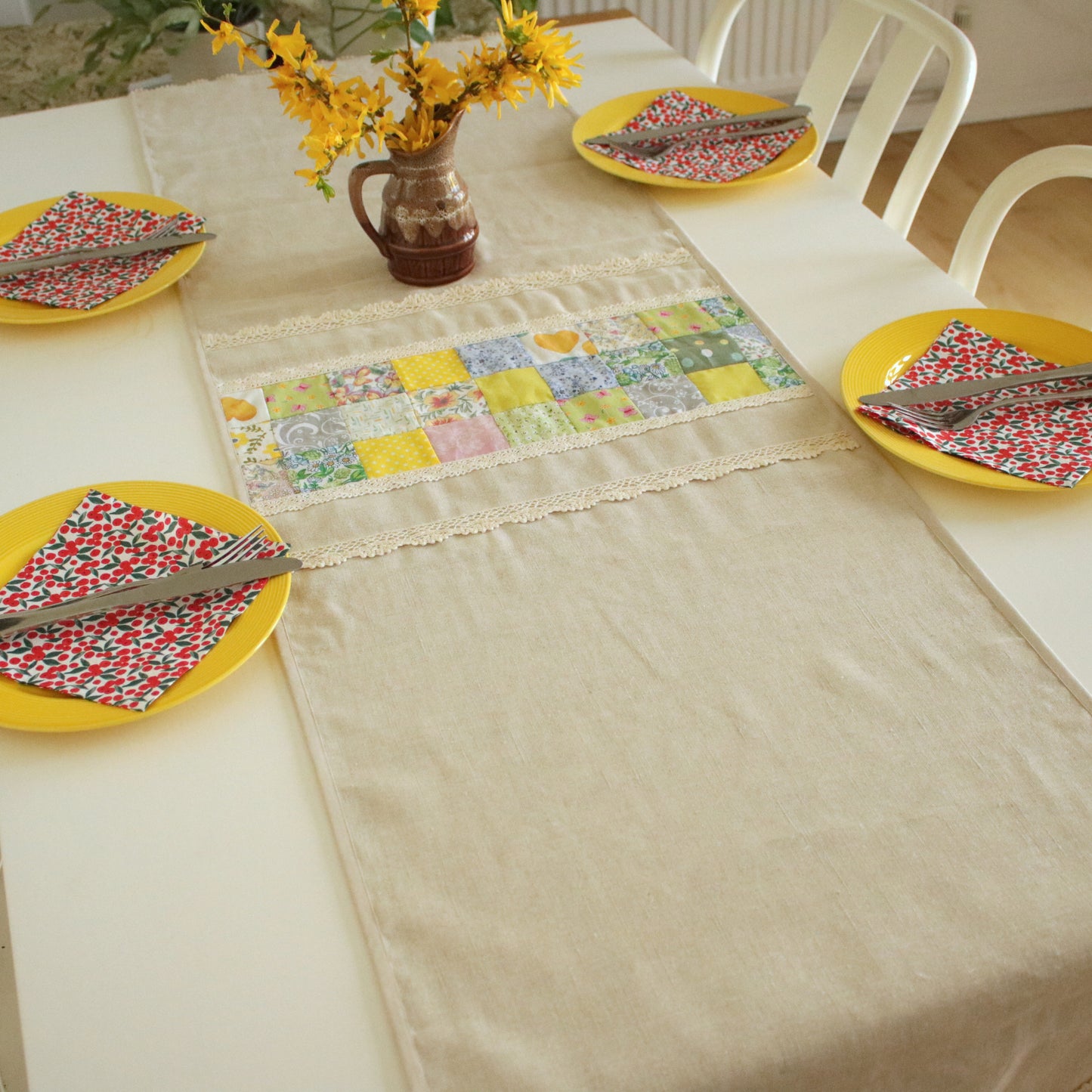 Linen Table Runner with Patchwork Detail "Primrose Garden"