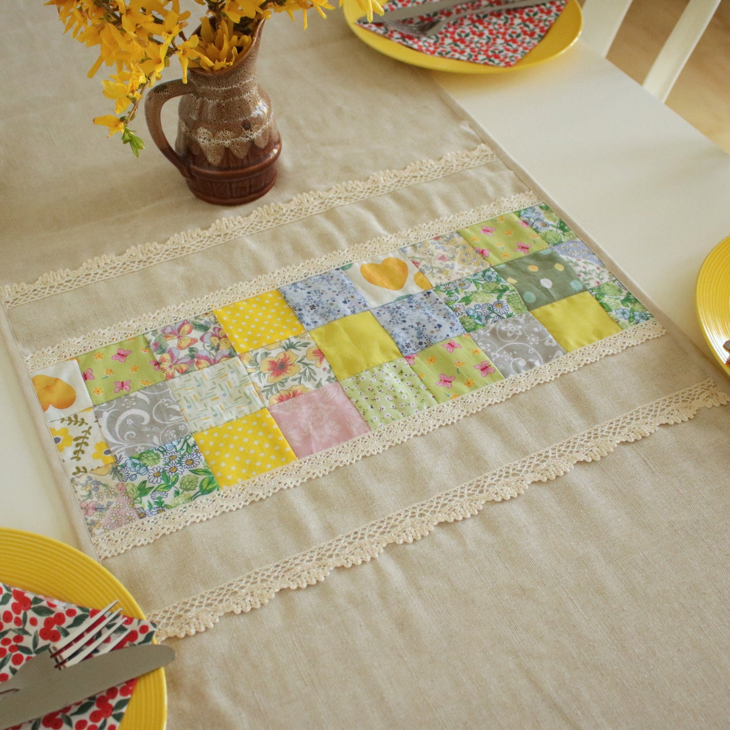 Linen Table Runner with Patchwork Detail "Primrose Garden"