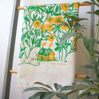 Screen printed tea towel "Buttercup Season"