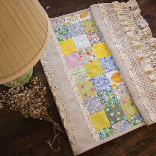 Linen Table Runner with Patchwork Detail "Primrose Garden"