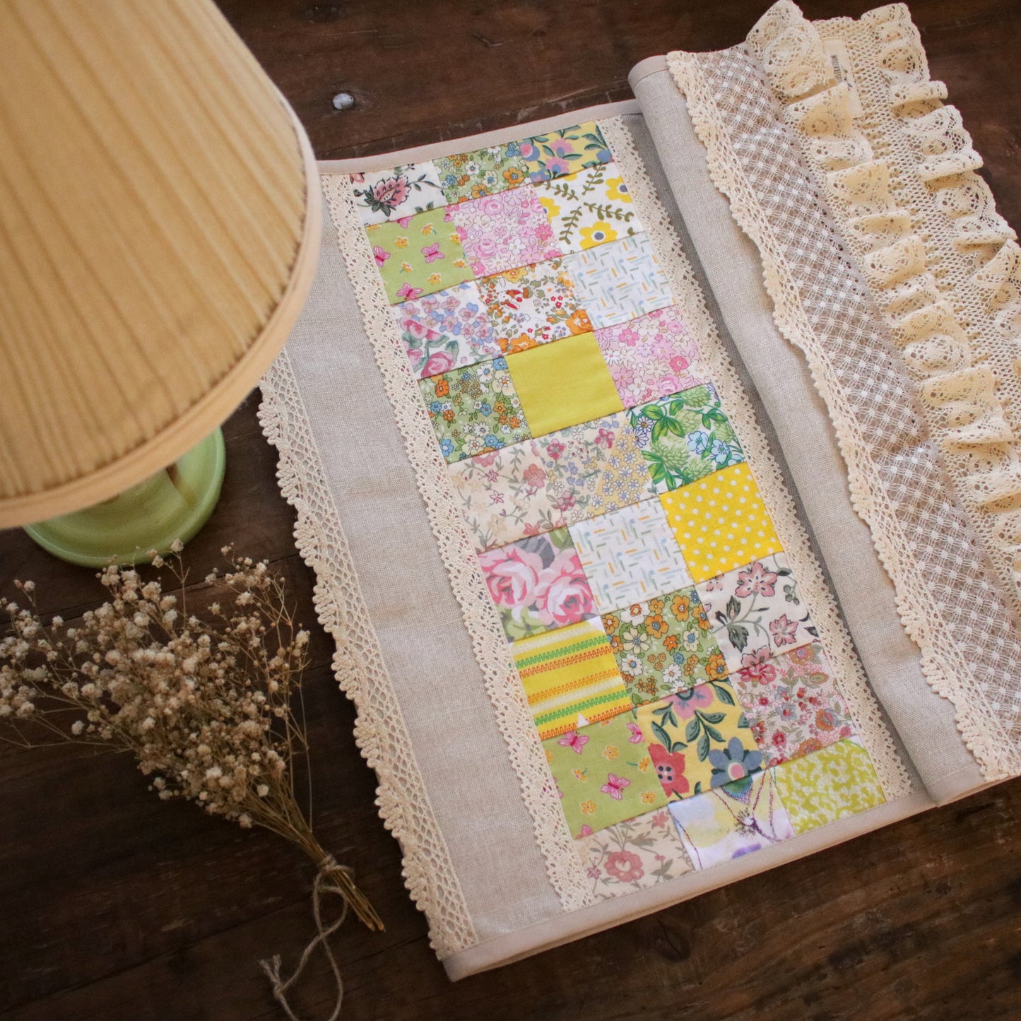 Linen Table Runner with Patchwork Detail "Daffodil Dream"